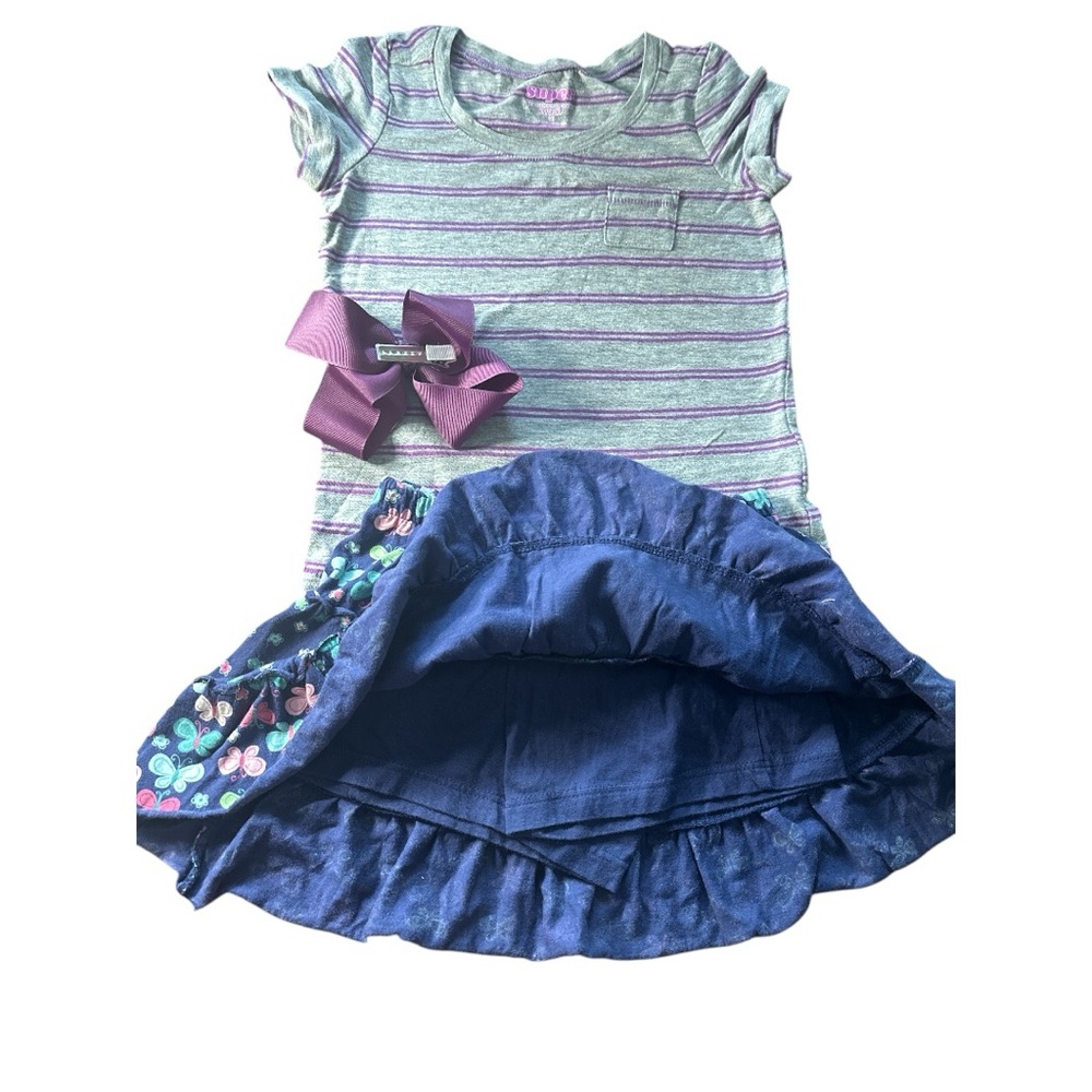 Striped Tee and Butterfly Skirt/skort Set with hair bow 3 piece set Girls size 5 - Picture 2 of 3